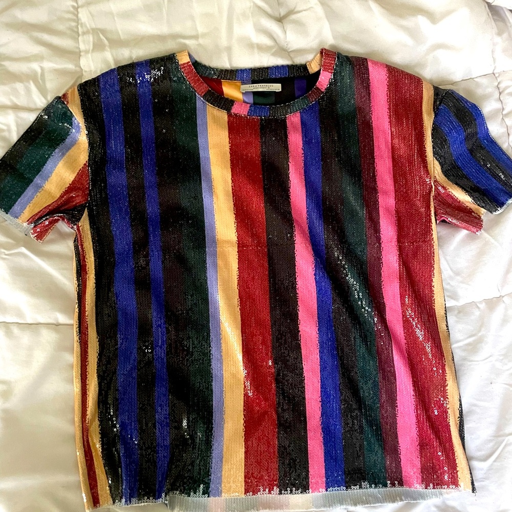 Zara Trafaluc boxy sequin striped tee, size S